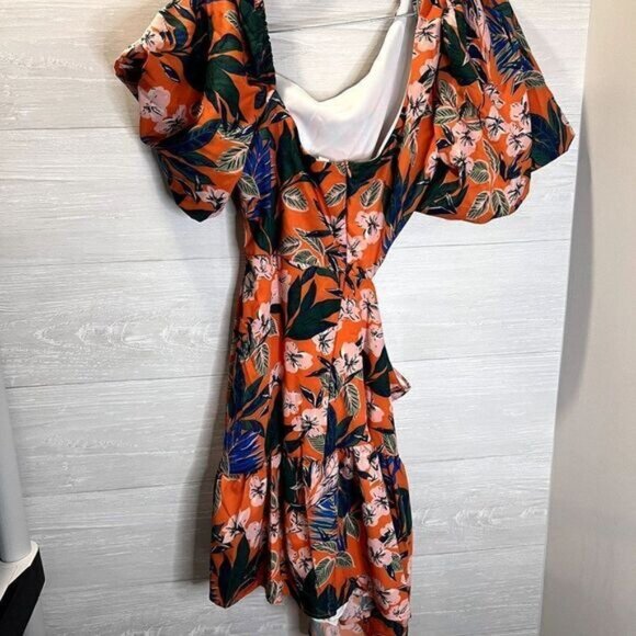 Shein Floral Print‎ Lantern Sleeve Cut Out Asymmetrical Neck Ruffle Hem - Picture 6 of 12